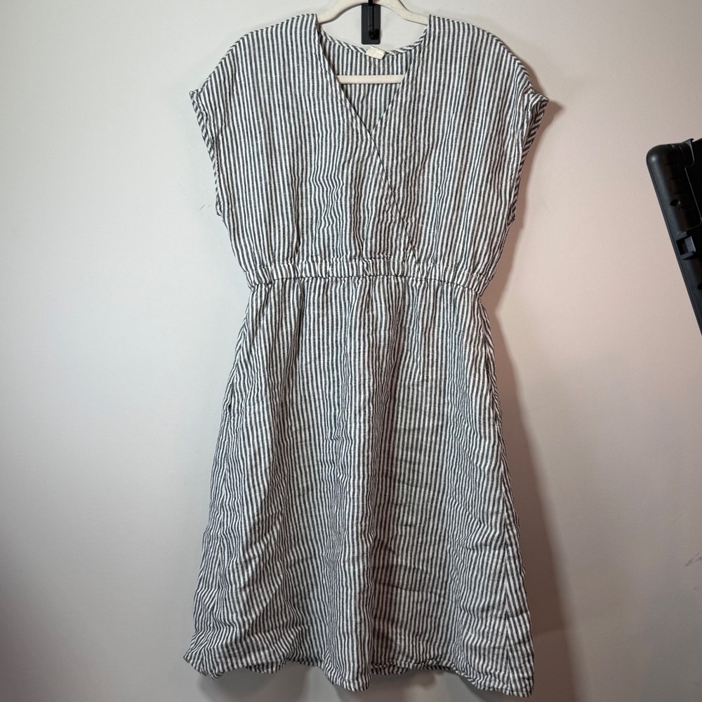 LINTICO Aria Linen Striped V-Neck Midi Dress Women Large Black White Pockets